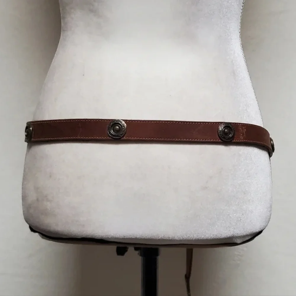 Unisex Vintage Joan & David Brown Leather Copper Stud Pointed Buckle Belt